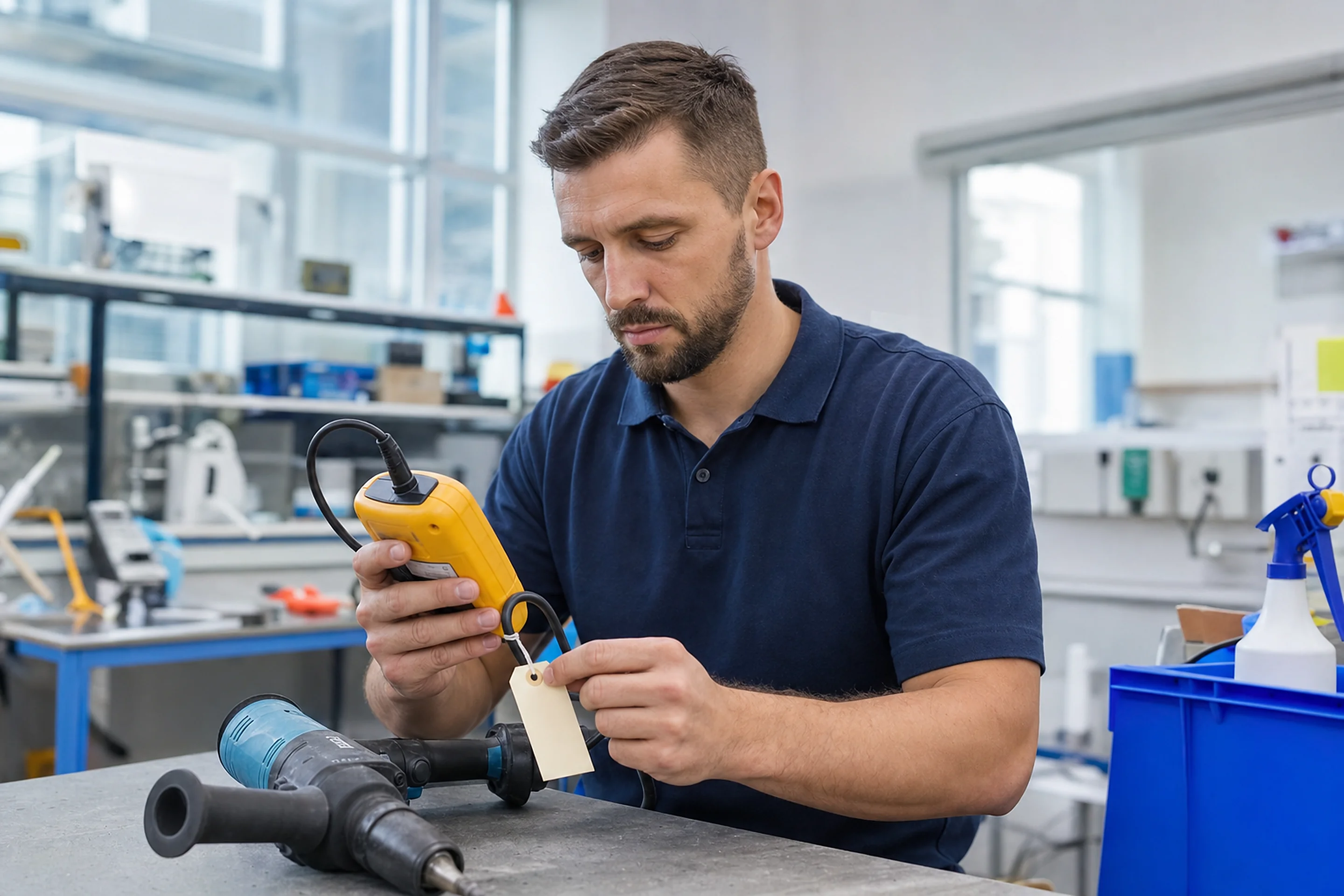 Test and tag technician testing a power tool in a South-West WA workshop
